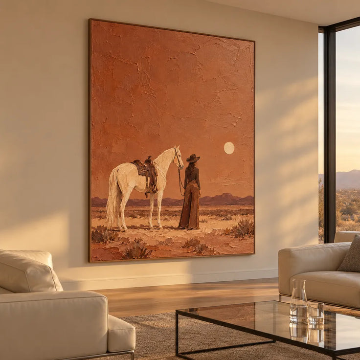Rust Orange Hand-Painted Oil Painting, Cowgirl and White Horse in the Desert #209BR44A