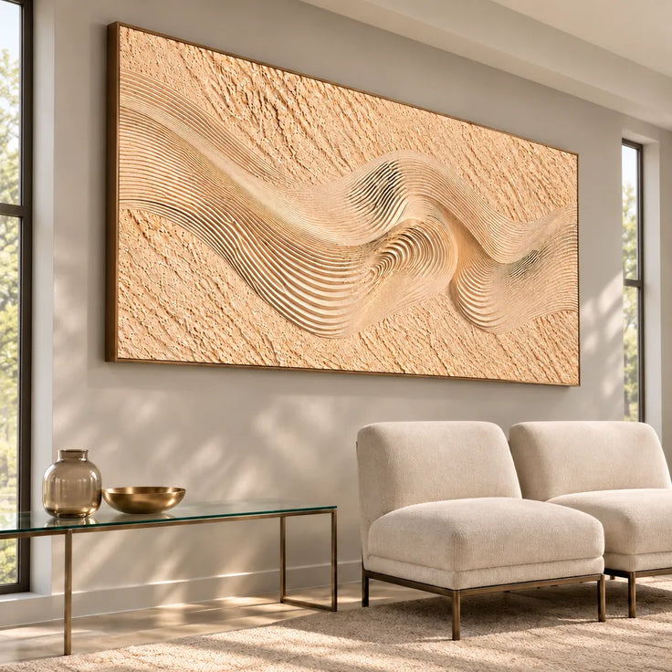 Sand Cream Hand-Painted 3D Textured Oil Painting, Ribbon Wave Wall Art #UOHF8DXB