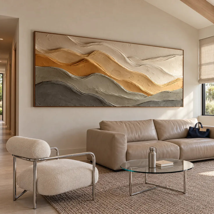Sand & Taupe Hand-Painted 3D Textured Oil Painting, Layered Wave Abstract Wall Art #J66DZD8R