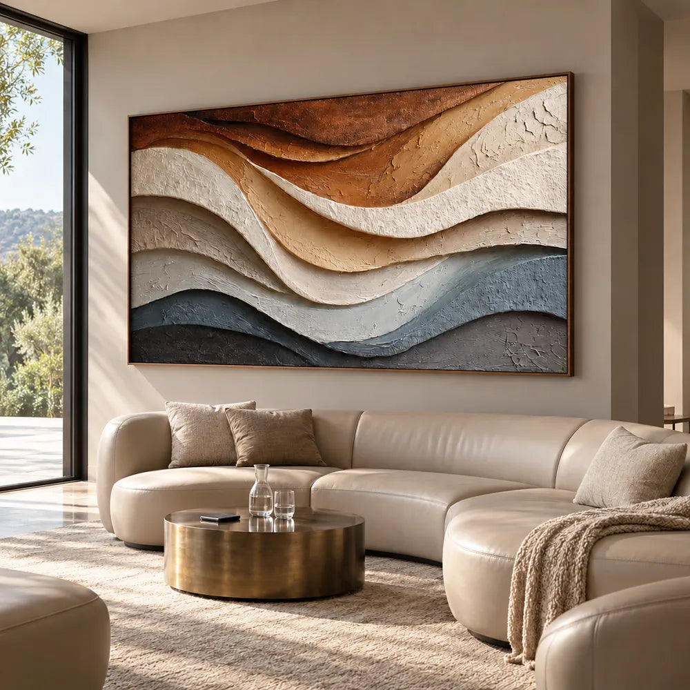 Earth-Tone Hand-Painted 3D Textured Oil Painting, Flowing Cream and Blue-Gray Strata #JP1L0E1K