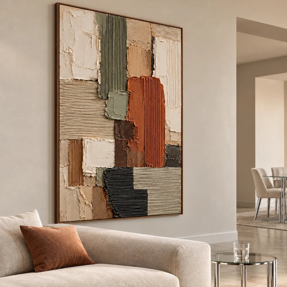 Earth Tone Hand-Painted 3D Textured Oil Painting, Ribbed Geometric Blocks #TDILGEWQ
