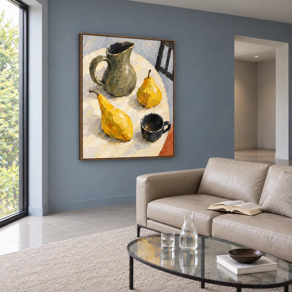 Yellow Hand-Painted Oil Painting, Two Pears with a Green Pitcher #O1ILENI2