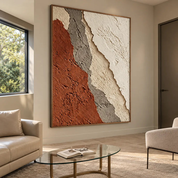 Ivory and Rust Hand-Painted 3D Textured Oil Painting, Diagonal Layered Abstract #6XM3ALEN