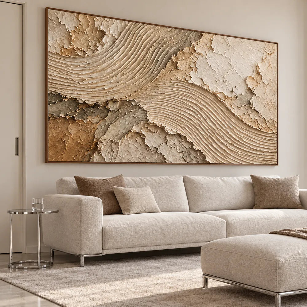 Cream and Taupe Hand-Painted 3D Textured Oil Painting, Flowing Ribbed Arcs #7BXB8EQJ