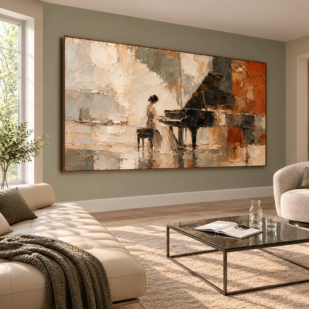 Earth-Tone Hand-Painted Oil Painting, Pianist at a Grand Piano #AQ4V2RU3