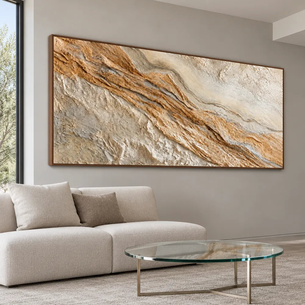 Cream Ochre Hand-Painted 3D Textured Oil Painting, Diagonal Ridge Wall Art #C36FRQTN