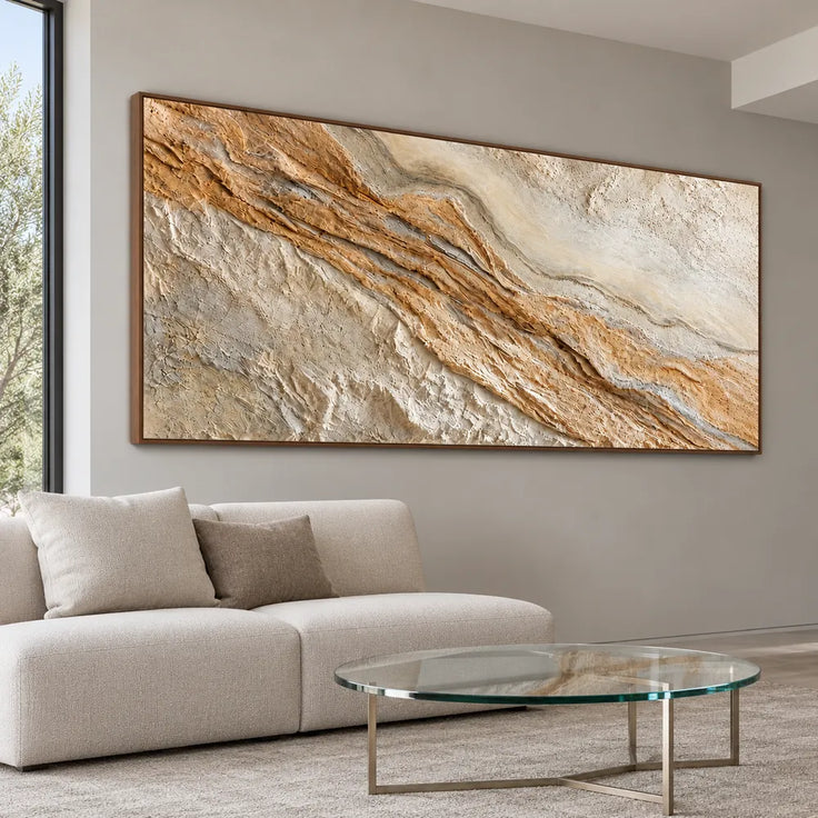 Cream Ochre Hand-Painted 3D Textured Oil Painting, Diagonal Ridge Wall Art #C36FRQTN