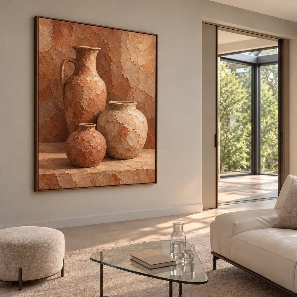 Terracotta Hand-Painted Oil Painting, Three Vessels on a Warm Ledge #ON3VRP1O