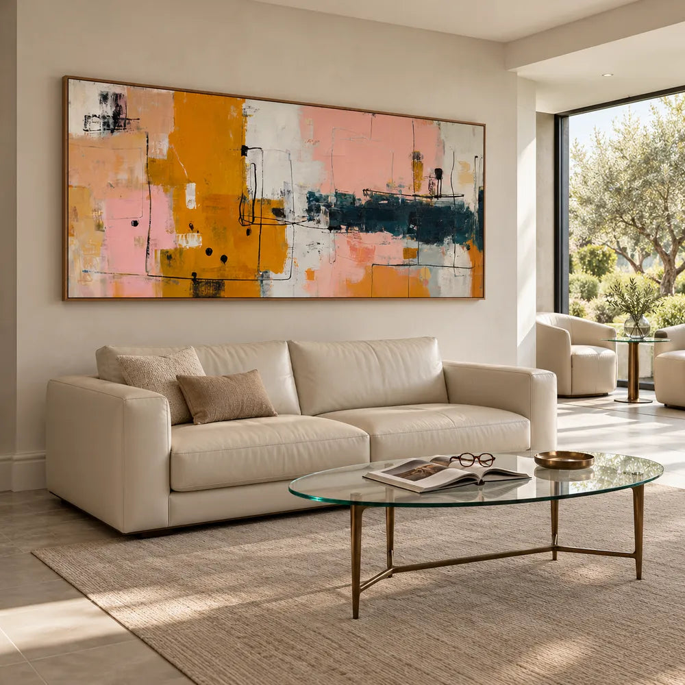 Ochre and Blush Hand-Painted Oil Painting, Linear Color Block Abstract #XNGHPZZP