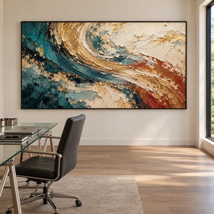 Teal and Ochre Hand-Painted Oil Painting, Sweeping Abstract Color Bands #VERH37SP