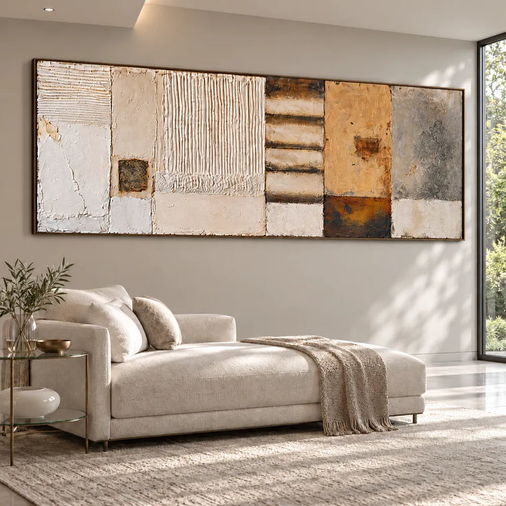 Cream Ochre Hand-Painted 3D Textured Oil Painting, Linear Blocks Wall Art #B57XEPUQ