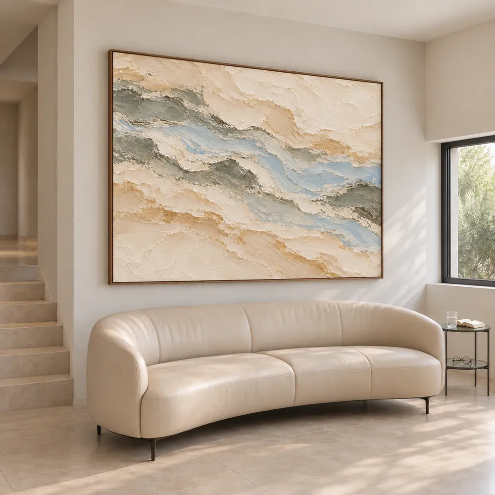 Beige Hand-Painted Oil Painting, Pale Layered Abstract with Blue Gray #3M9L7HZQ