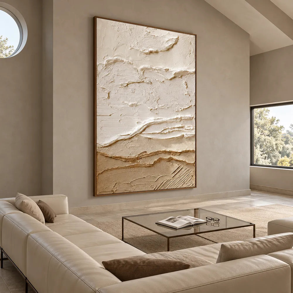 Ivory and Sand Hand-Painted 3D Textured Oil Painting, Horizontal Band Abstract #UP0DLY3U