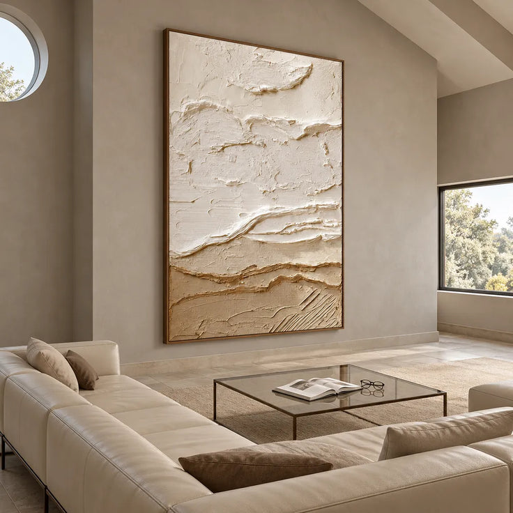 Ivory and Sand Hand-Painted 3D Textured Oil Painting, Horizontal Band Abstract #UP0DLY3U
