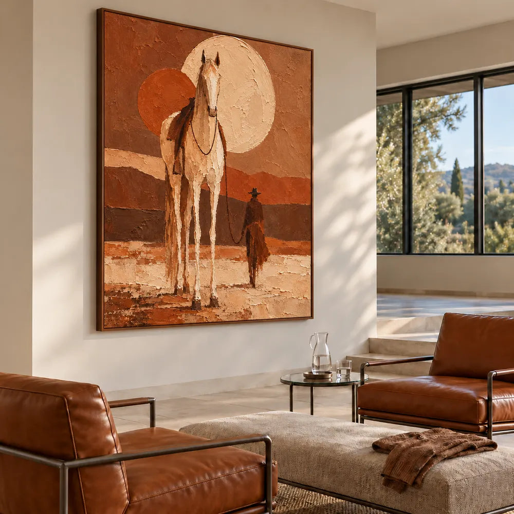 Earth-Tone Hand-Painted Oil Painting, Tall White Horse and Cowboy #SSW3XYPZ