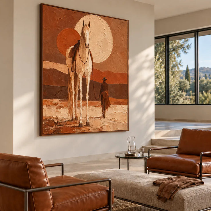 Earth-Tone Hand-Painted Oil Painting, Tall White Horse and Cowboy #SSW3XYPZ