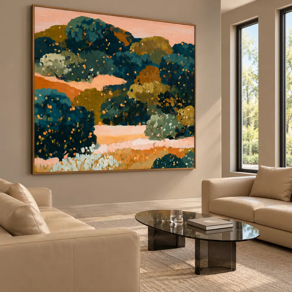 Deep Green and Ochre Hand-Painted Oil Painting, Abstract Garden Landscape #SBRV3BHR
