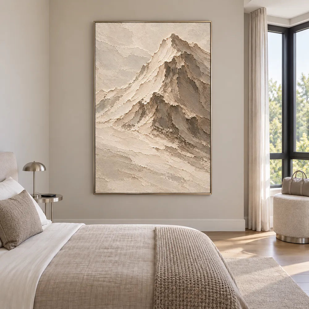Beige Hand-Painted Mountain Painting, Asymmetric Cream Summit #LEVVY5F3