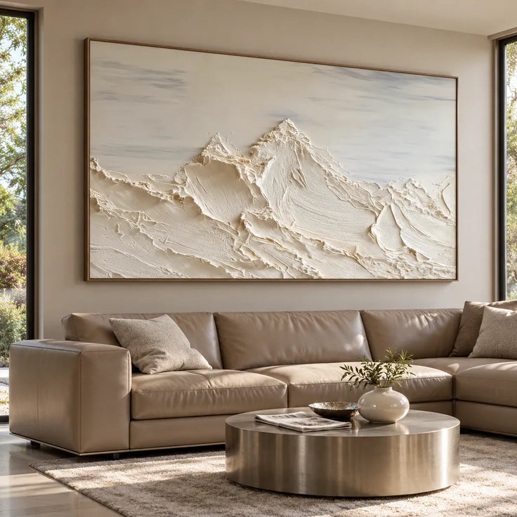 Ivory Hand-Painted 3D Textured Oil Painting, Mountain Peaks Beneath a Soft Gray Sky #0MQBQEM1