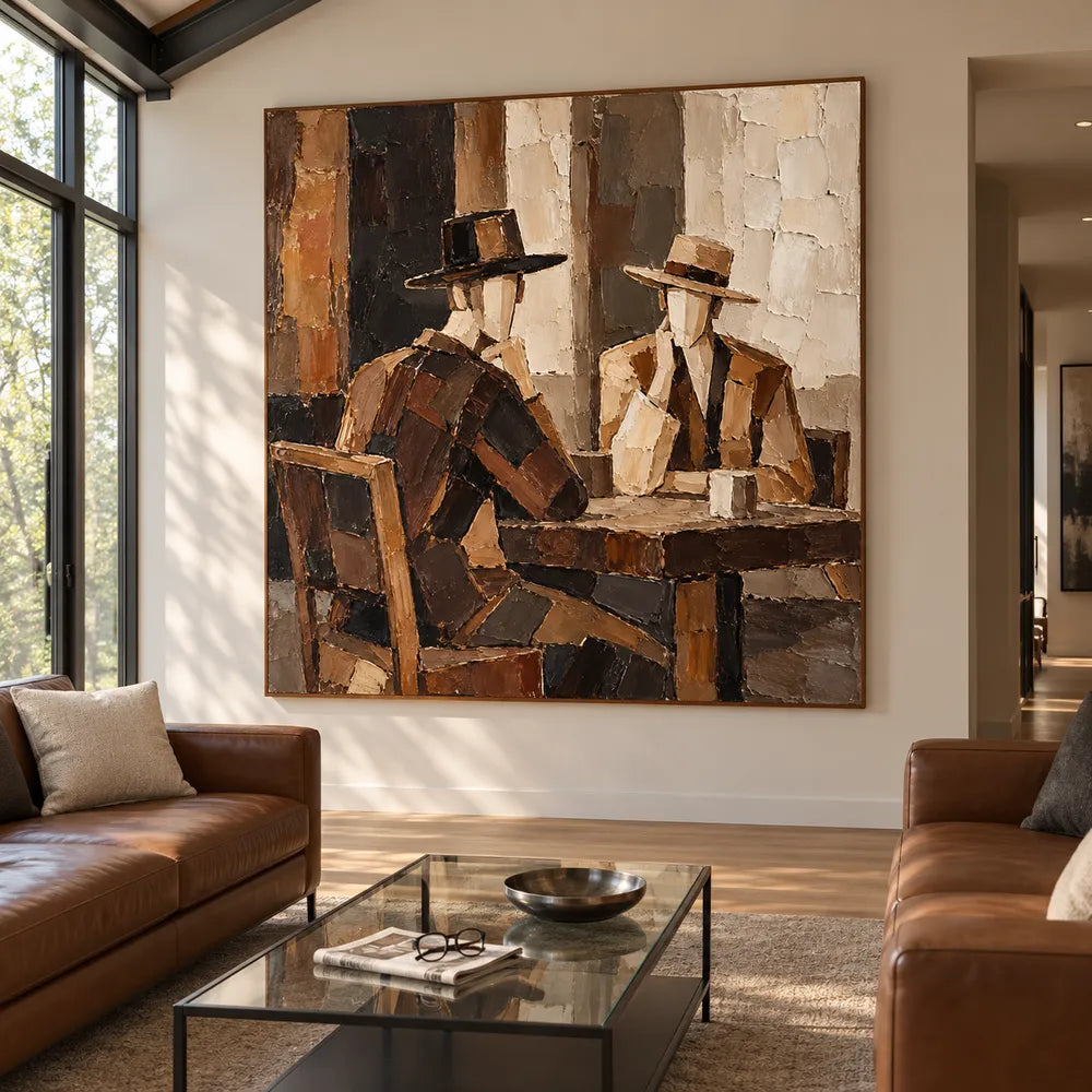 Brown Hand-Painted Oil Painting, Two Hat-Wearing Figures at a Table #0C7HVNB7