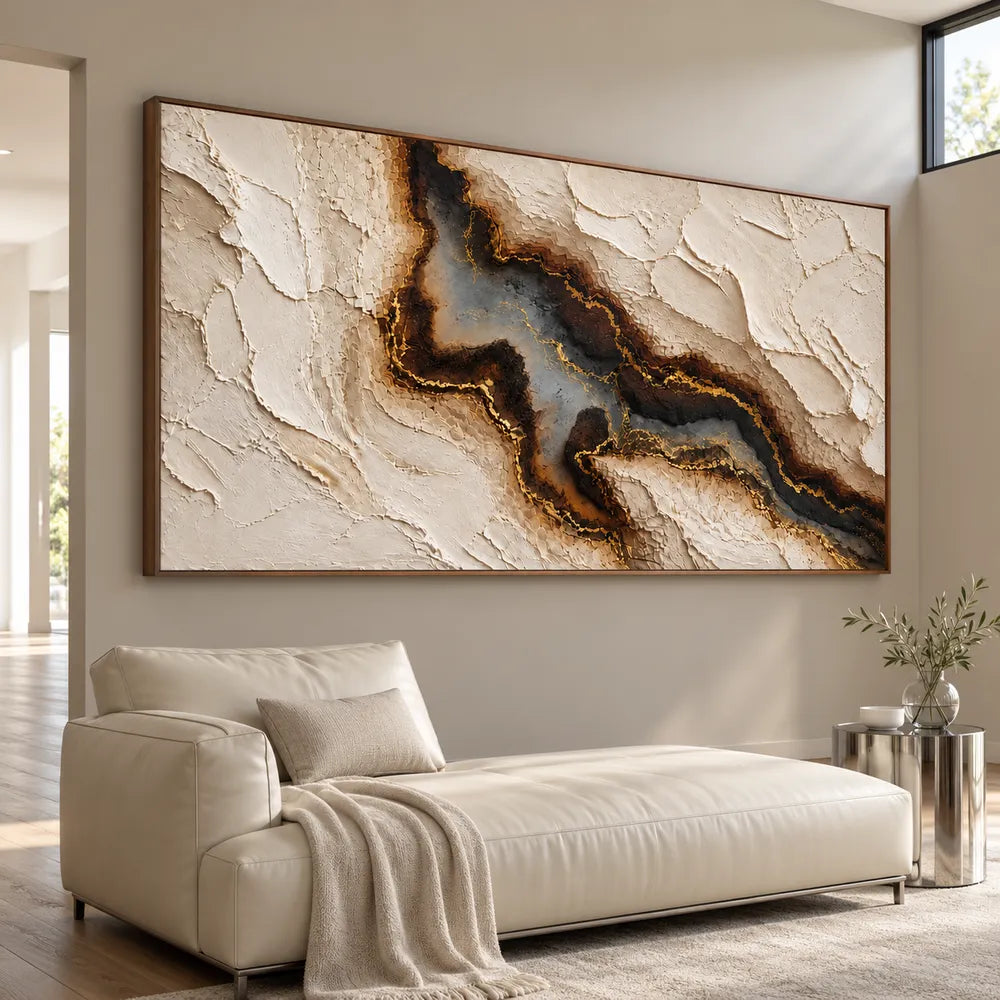 Cream Hand-Painted 3D Textured Oil Painting, Dark Mineral Vein Wall Art #4AKNUHGG