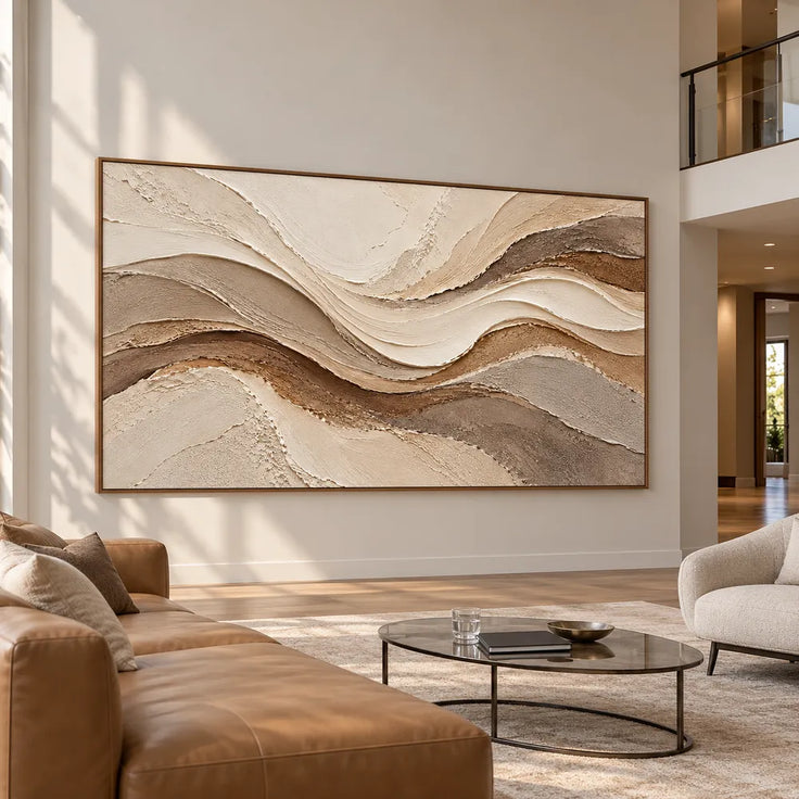 Beige Hand-Painted 3D Textured Oil Painting, Flowing Layered Bands Abstract Wall Art #91IV6MQ0
