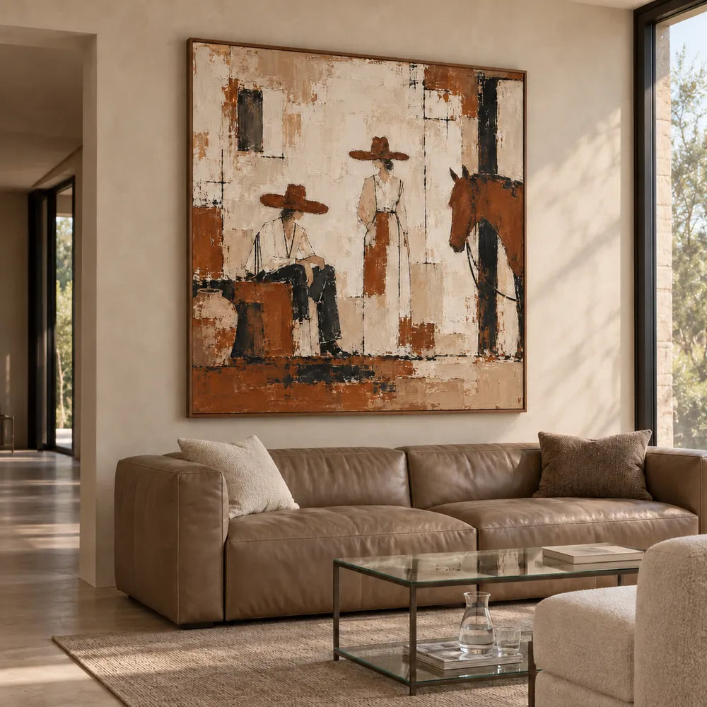 Cream and Brown Hand-Painted Oil Painting, Western Figures with a Horse #5Z6JSBUO