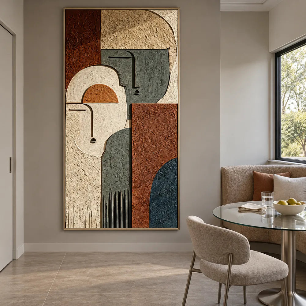 Earth-Tone Hand-Painted 3D Textured Oil Painting, Two Geometric Faces #CIED8WA9