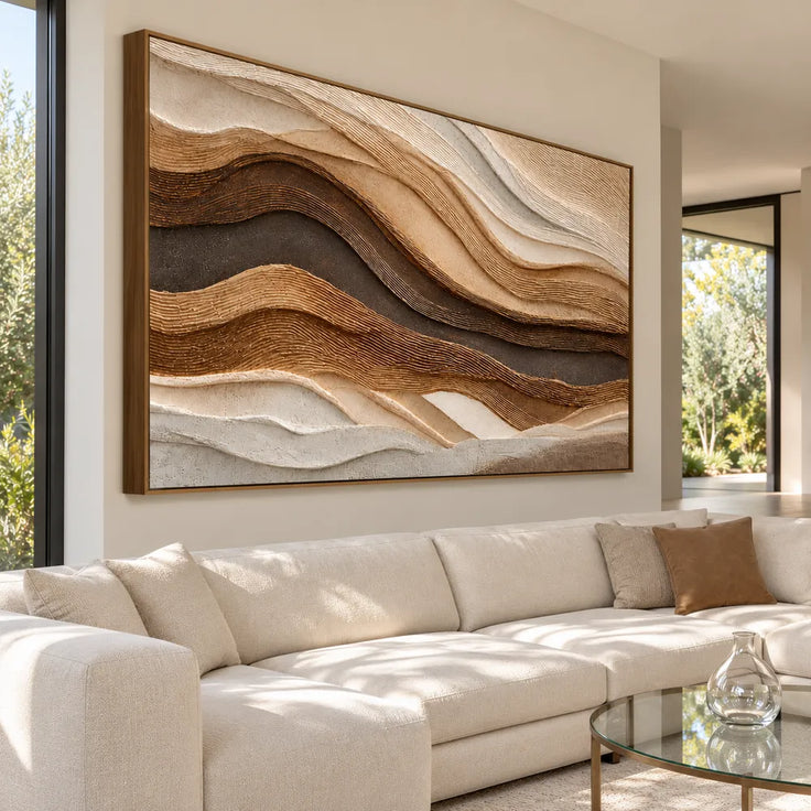 Brown Cream Hand-Painted 3D Textured Oil Painting, Rolling Strata Wall Art #WMVP53K9