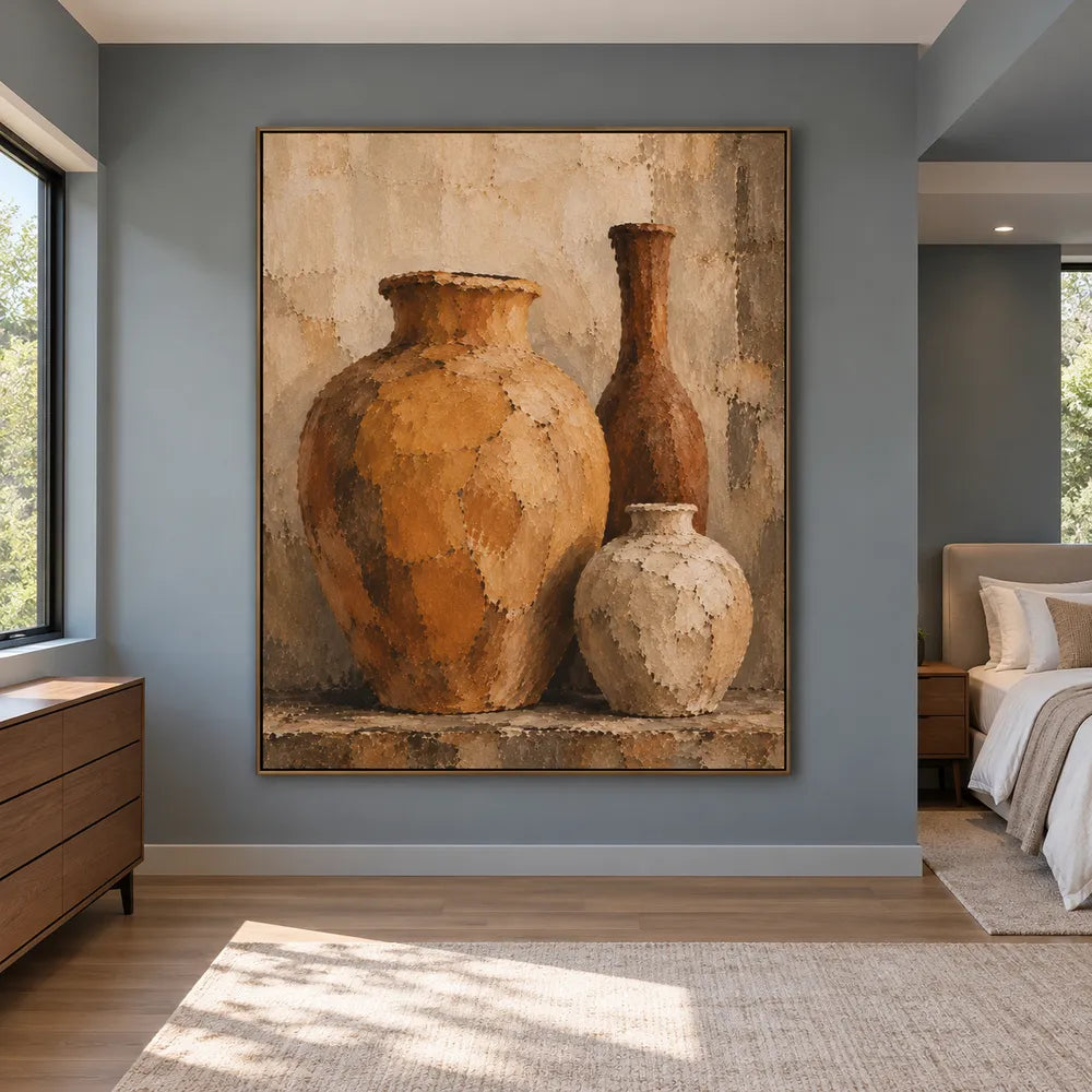 Ochre & Cream Hand-Painted Oil Painting, Three-Vessel Still Life Wall Art #198HZFBY
