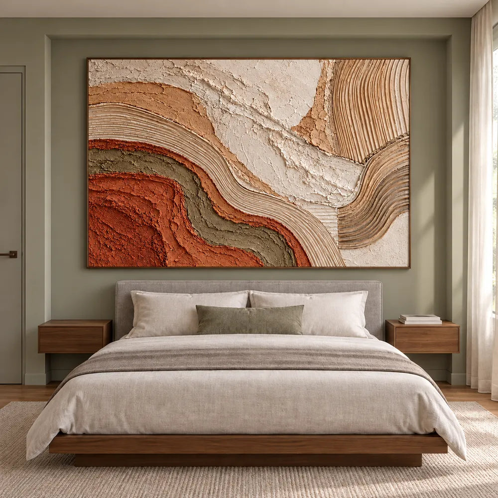 Cream & Terracotta Hand-Painted 3D Textured Oil Painting, Flowing Abstract Curves #3SOTHGWA