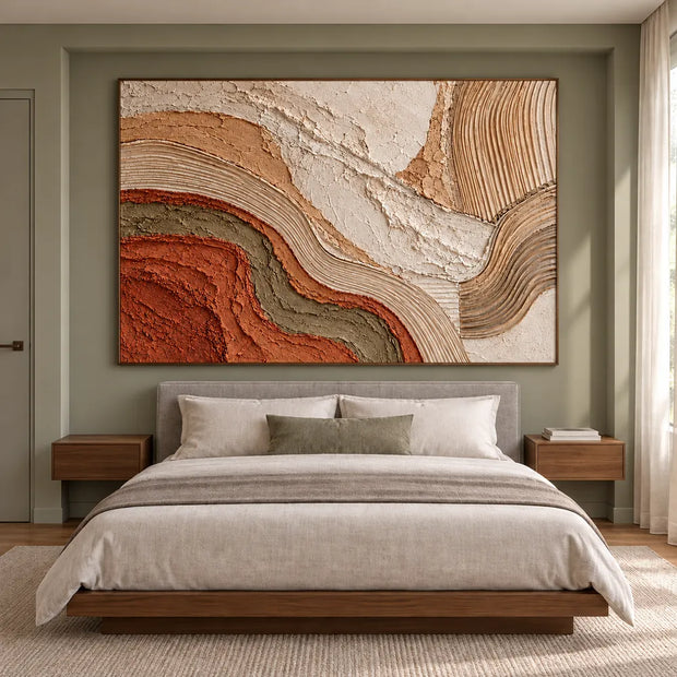 Cream & Terracotta Hand-Painted 3D Textured Oil Painting, Flowing Abstract Curves #3SOTHGWA