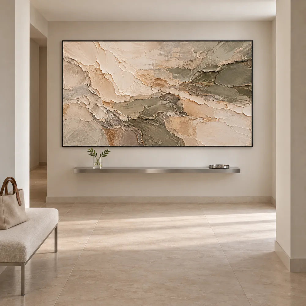 Cream and Olive Hand-Painted 3D Textured Oil Painting, Interlocking Abstract Layers #5NBBMJRS