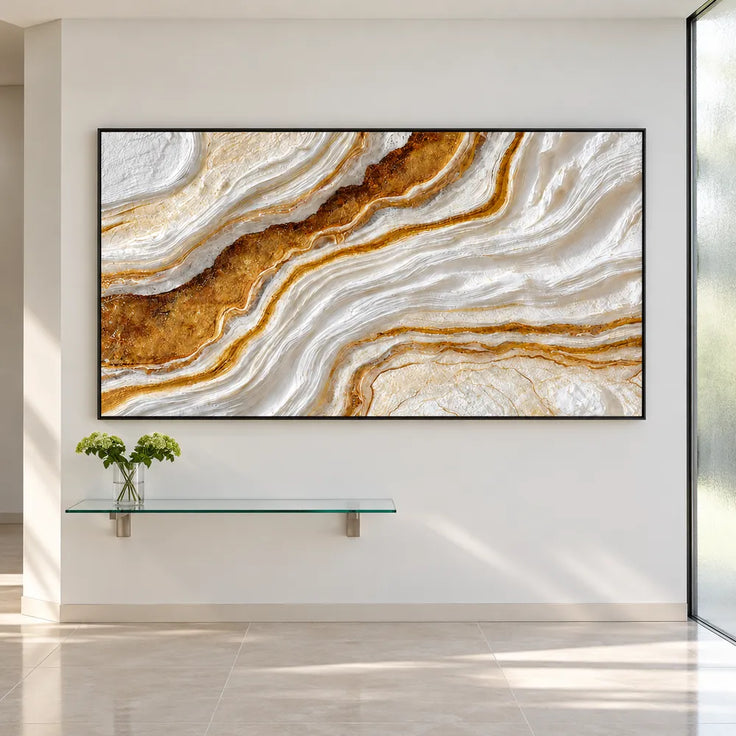 White Gold Hand-Painted 3D Textured Oil Painting, Flowing Veins Wall Art #1VPH1ZGA
