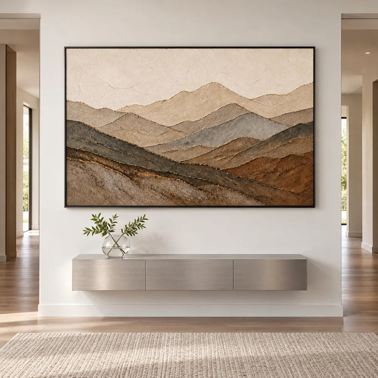 Earth Tone Hand-Painted 3D Textured Oil Painting, Mountain Layers Wall Art #I787QXE3
