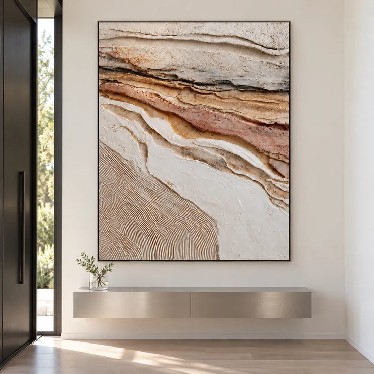 Ivory Tan Hand-Painted 3D Textured Oil Painting, Eroded Layers Wall Art #9RAVTEF6