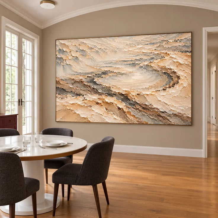 Cream and Taupe Hand-Painted 3D Textured Oil Painting, Terraced Abstract Landscape #RBCLZPS2