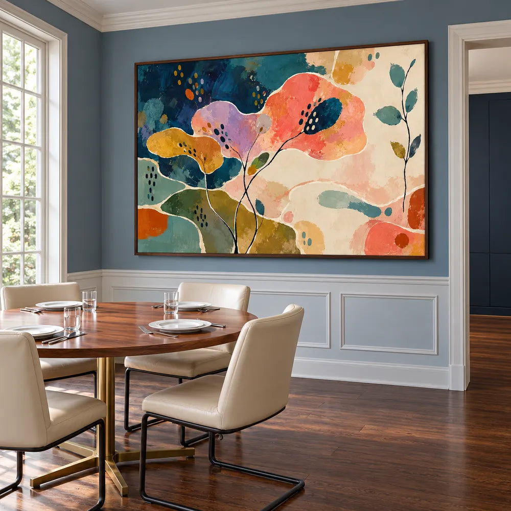Multicolor Hand-Painted Oil Painting, Coral and Lilac Botanical Abstract with Fine Stems #T9RL2OLH
