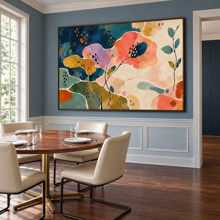 Multicolor Hand-Painted Oil Painting, Coral and Lilac Botanical Abstract with Fine Stems #T9RL2OLH