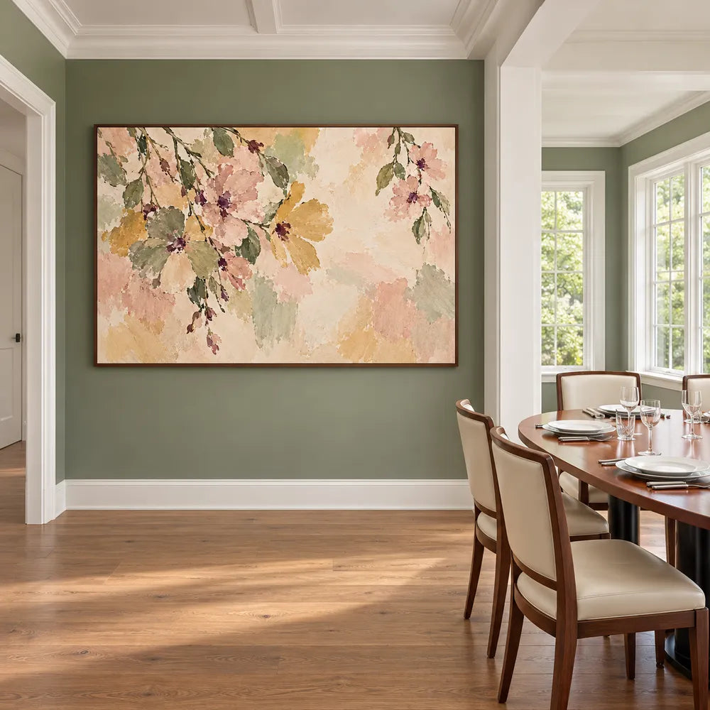 Cream and Blush Hand-Painted Oil Painting, Cascading Flowers and Leaves #VXD35PIW