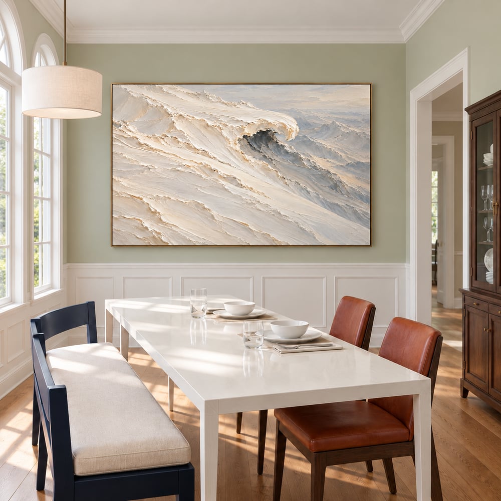 Ivory and Gray Hand-Painted 3D Textured Oil Painting, Curling Ocean Wave #1B9DGWWU