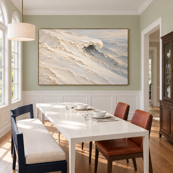 Ivory and Gray Hand-Painted 3D Textured Oil Painting, Curling Ocean Wave #1B9DGWWU