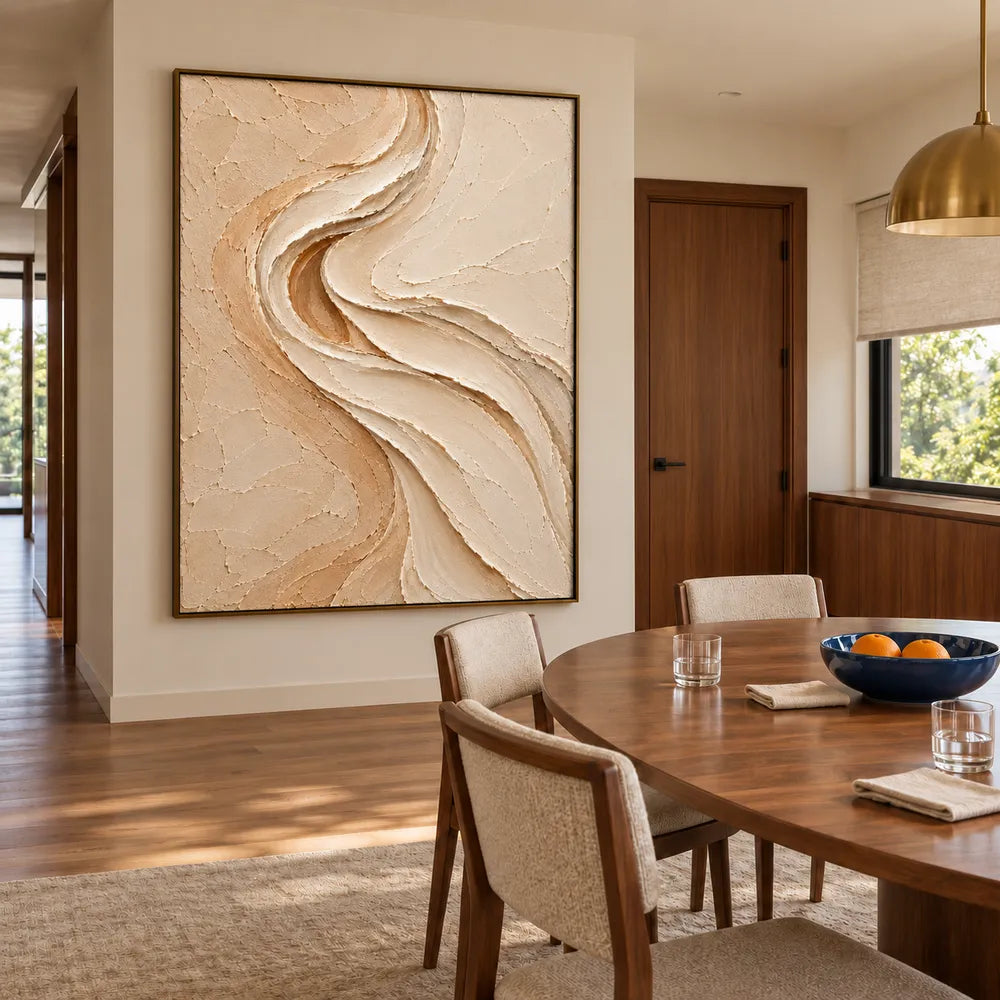 Beige & Cream Hand-Painted 3D Textured Oil Painting, Flowing S-Curve Abstract Wall Art #DD2BSLPJ