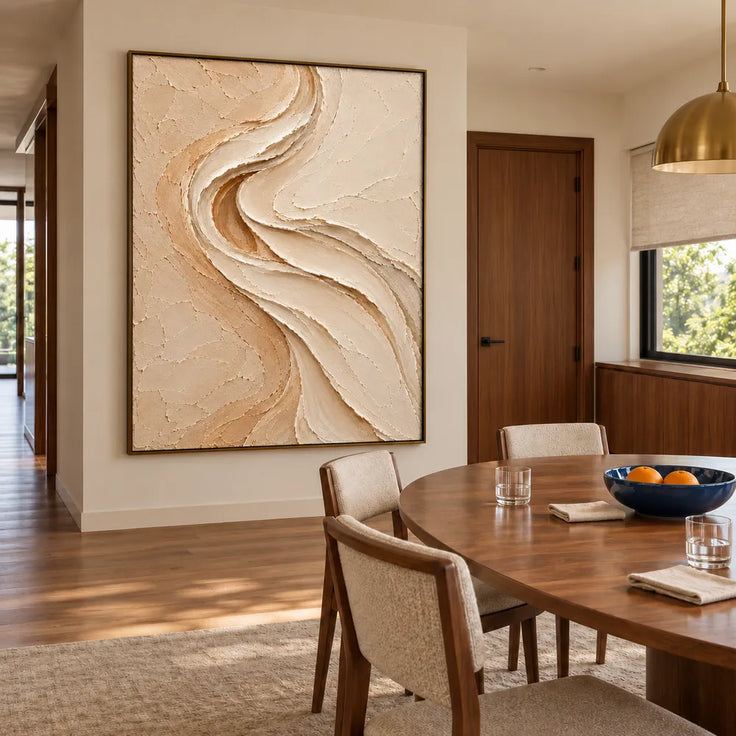 Beige & Cream Hand-Painted 3D Textured Oil Painting, Flowing S-Curve Abstract Wall Art #DD2BSLPJ