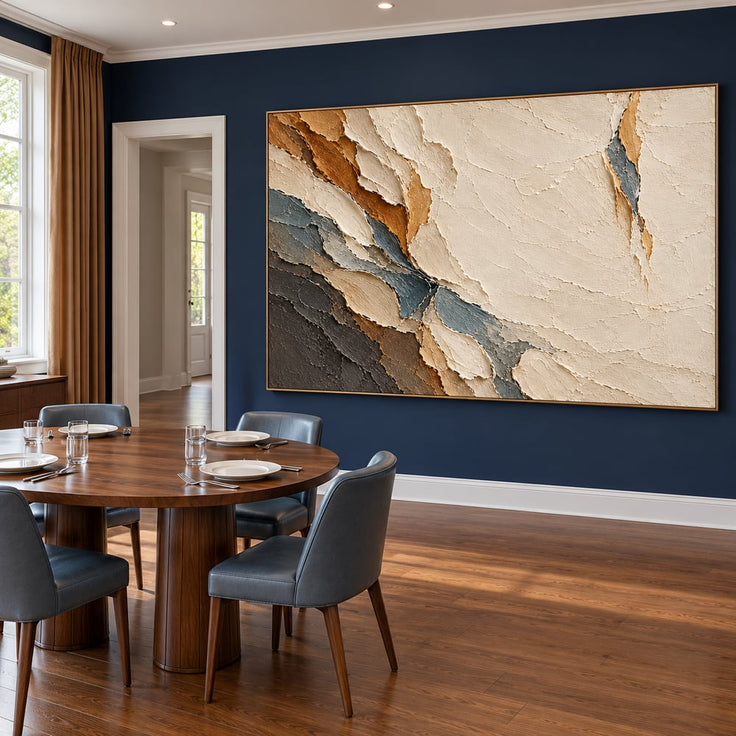 Cream and Charcoal Hand-Painted 3D Textured Oil Painting, Layered Abstract Planes #PZV3FE5N