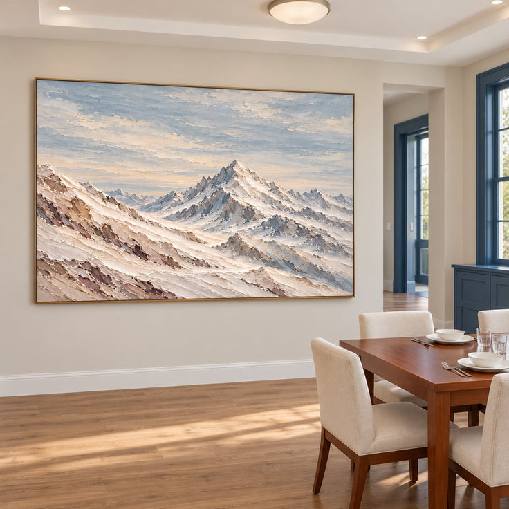 Ivory and Blue-Gray Hand-Painted 3D Textured Oil Painting, Snowy Mountain Peaks #WX7ZWCKG