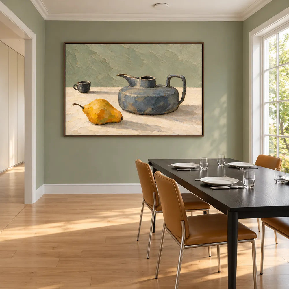 Sage Blue Hand-Painted Oil Painting, Low Jug, Golden Pear and Small Cup Still Life #O7T5XMCM