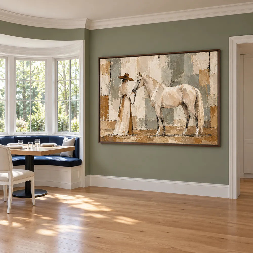 Beige Hand-Painted Oil Painting, White Horse with a Hat-Wearing Figure in a Long Dress #YP23T758
