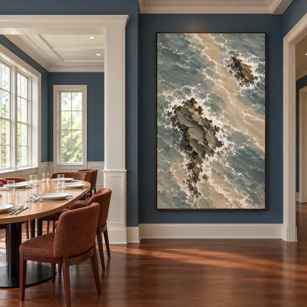 Gray Green Hand-Painted Oil Painting, Overhead View of Rocks and Surf #W3LVFOJR