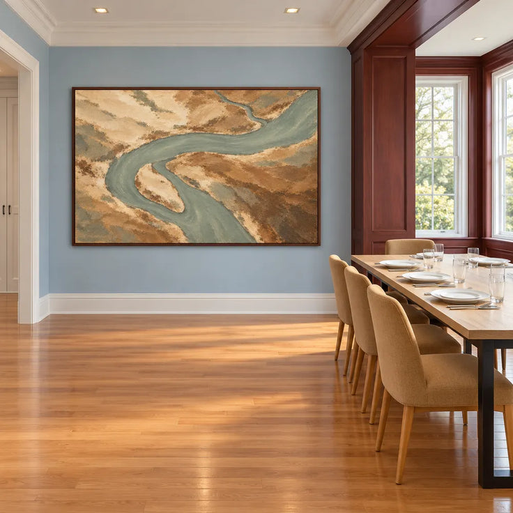 Sand and Sage Hand-Painted Oil Painting, Winding River Viewed from Above #W2T3V88Z